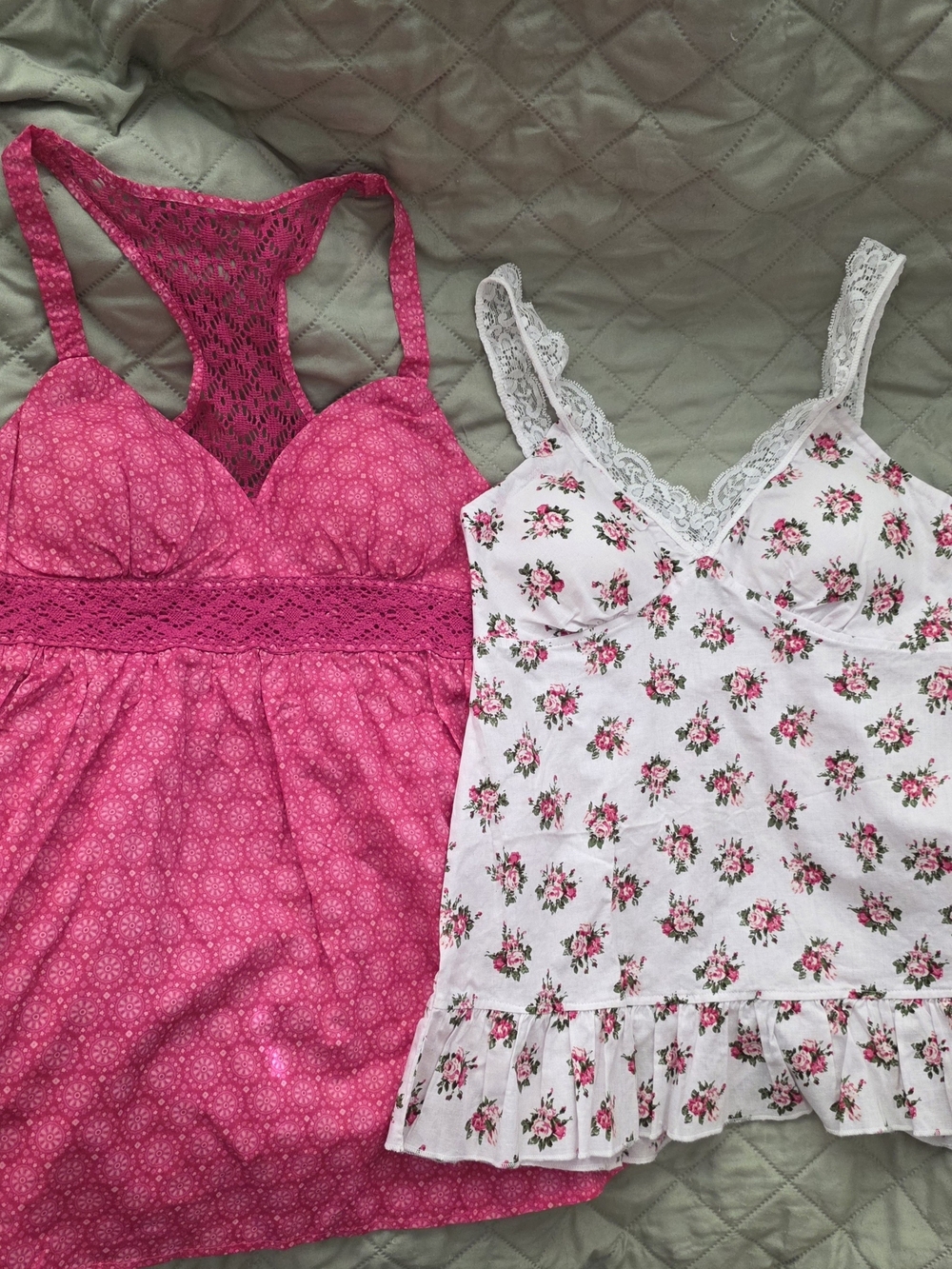 NEW-Lei Small Women's Floral White Lace Trim Camisole & Hot Pink Lace-Back Tank